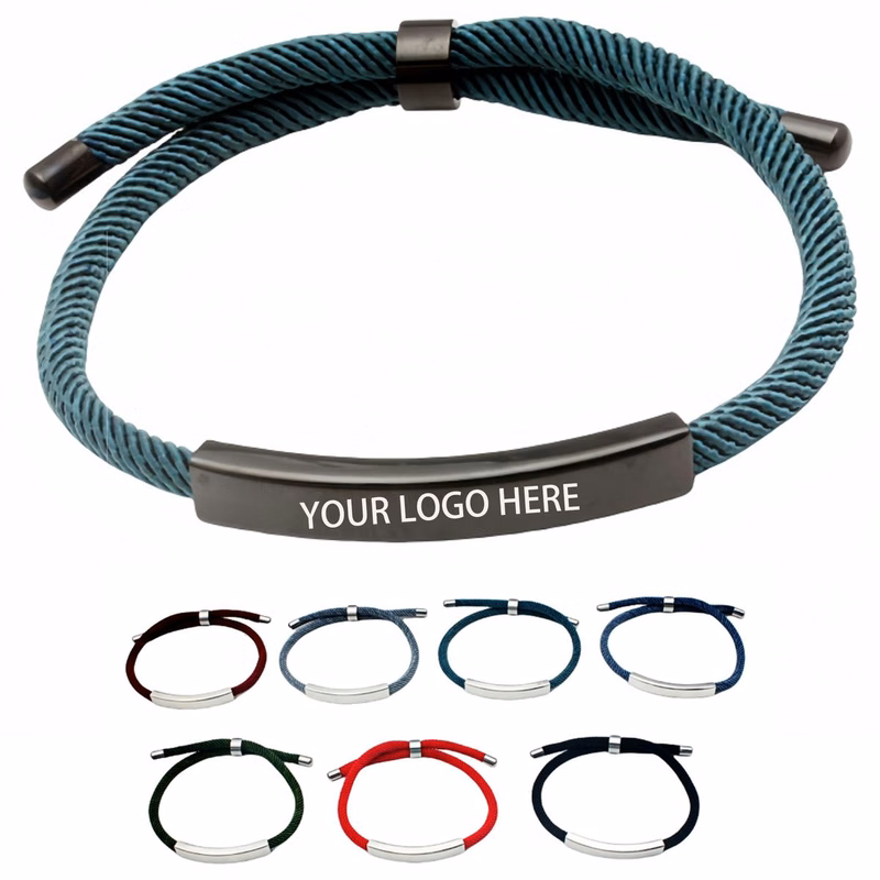 Adjustable Braided Wristband Black Stainless Steel Plate