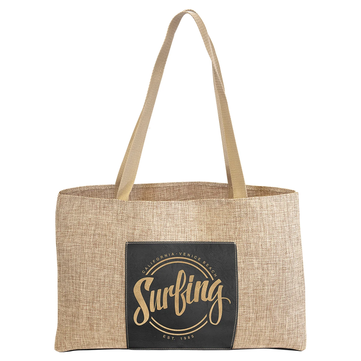 19" x 12" Burlap Bag with 5" Black/Gold Leatherette Gusset 1
