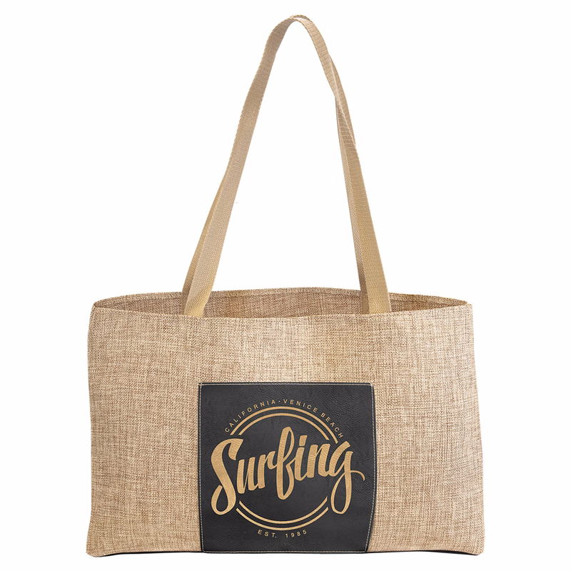 19" x 12" Burlap Bag with 5" Black/Gold Leatherette Gusset
