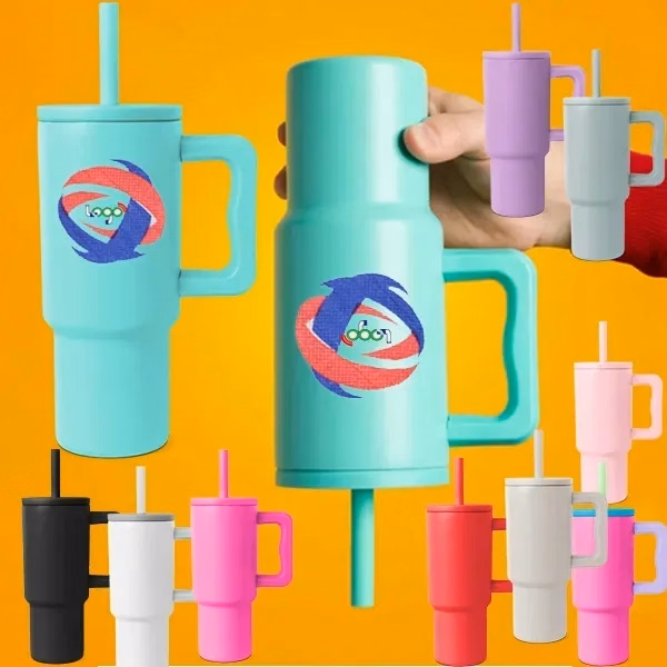 Custom 24 oz Double Wall Stainless Steel Tumbler with Handle & Straw — Premium Travel Mug