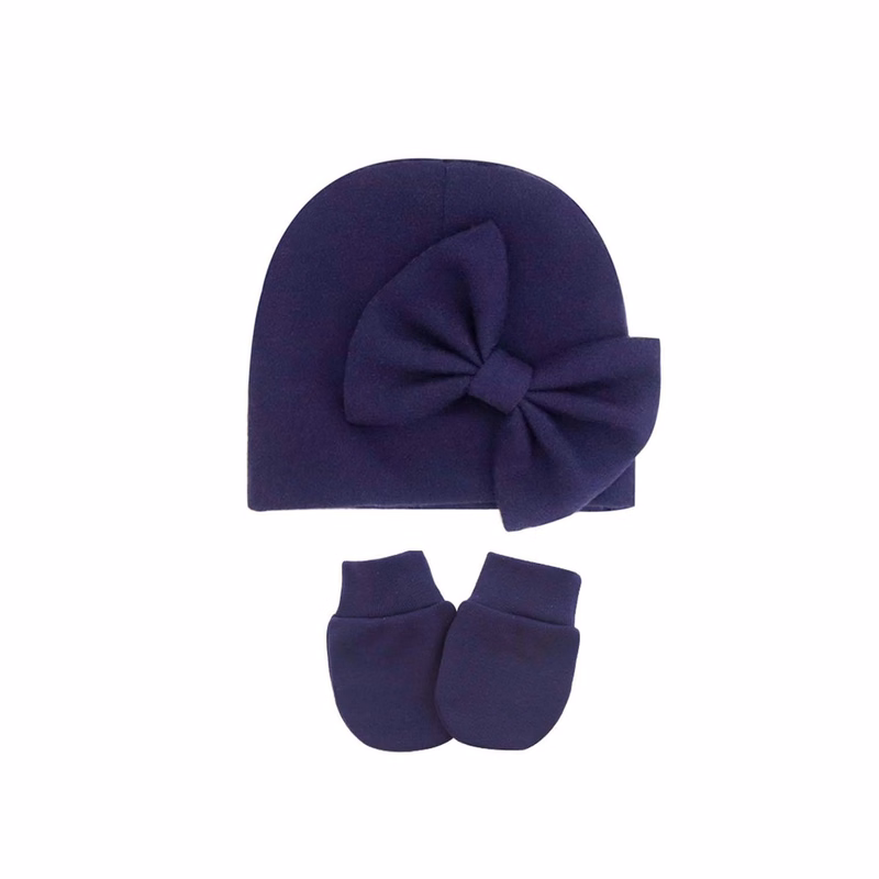 0-6 Months Solid Color Anti Scratch Gloves Bow Baby Hat