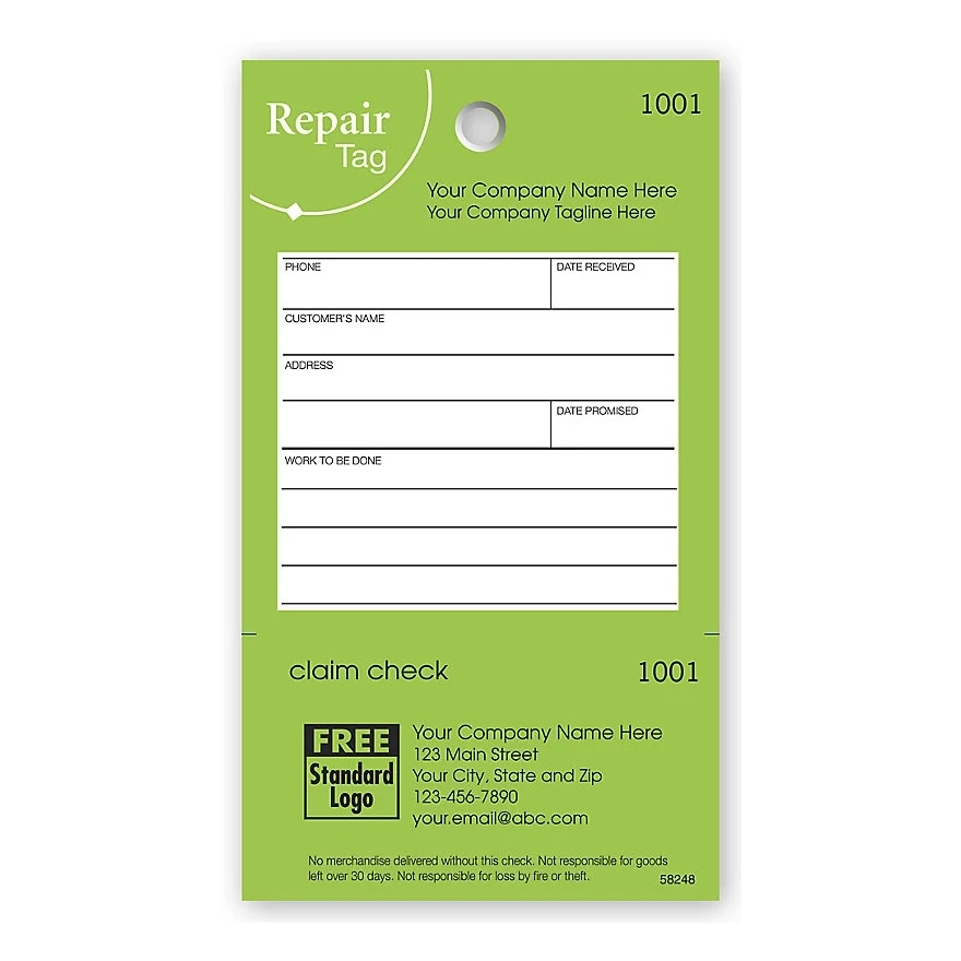Repair Tag In Green W/White Fill-In Space 3.125 X 5.5 1