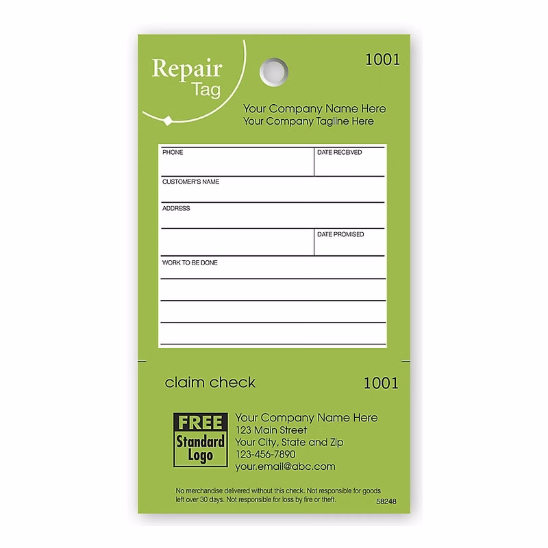 Repair Tag In Green W/White Fill-In Space 3.125 X 5.5