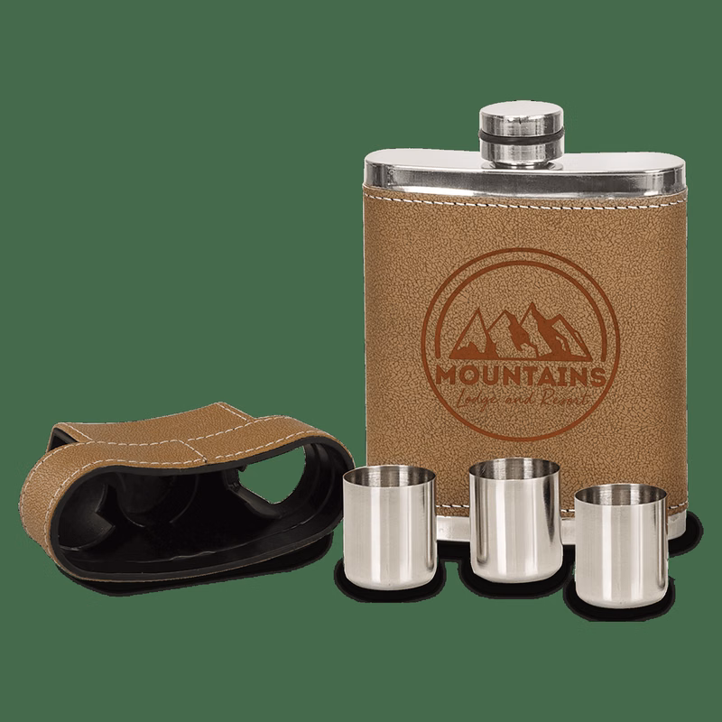 7 oz Brown Leather Flask with Lid & 3 Shot Glasses