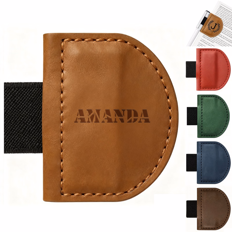PU Leather Folding Magnetic Bookmark w/ Pen Holder