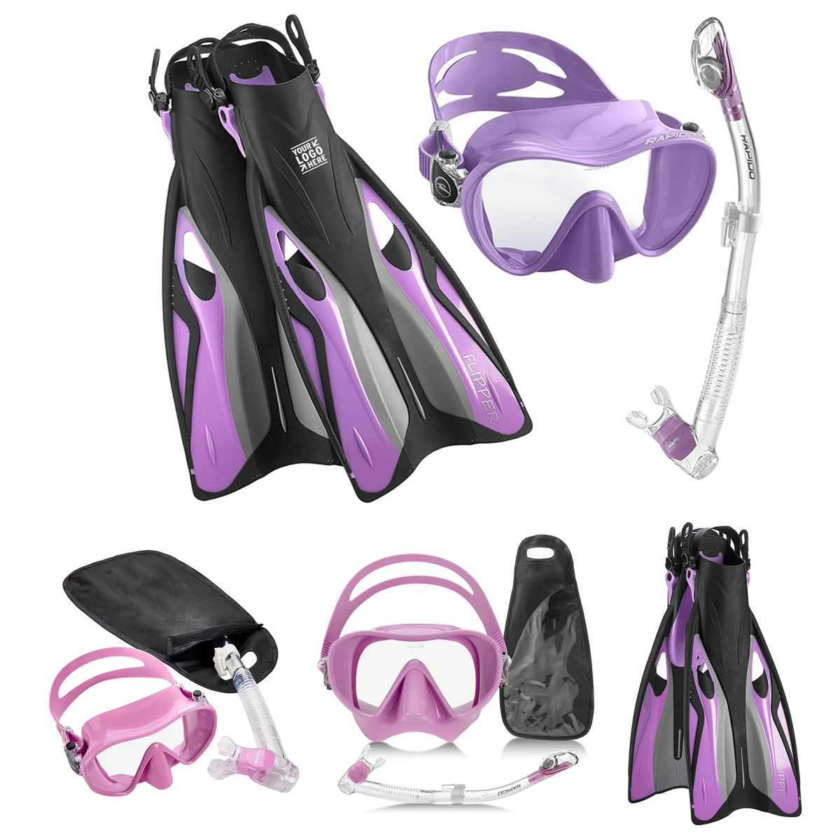 Premium Tempered Glass Lens Anti-Fog Panoramic Frameless Mask Fin Dry Snorkel Set 1