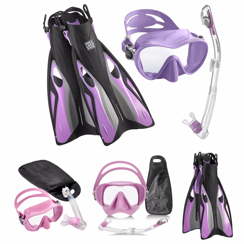 Premium Tempered Glass Lens Anti-Fog Panoramic Frameless Mask Fin Dry Snorkel Set