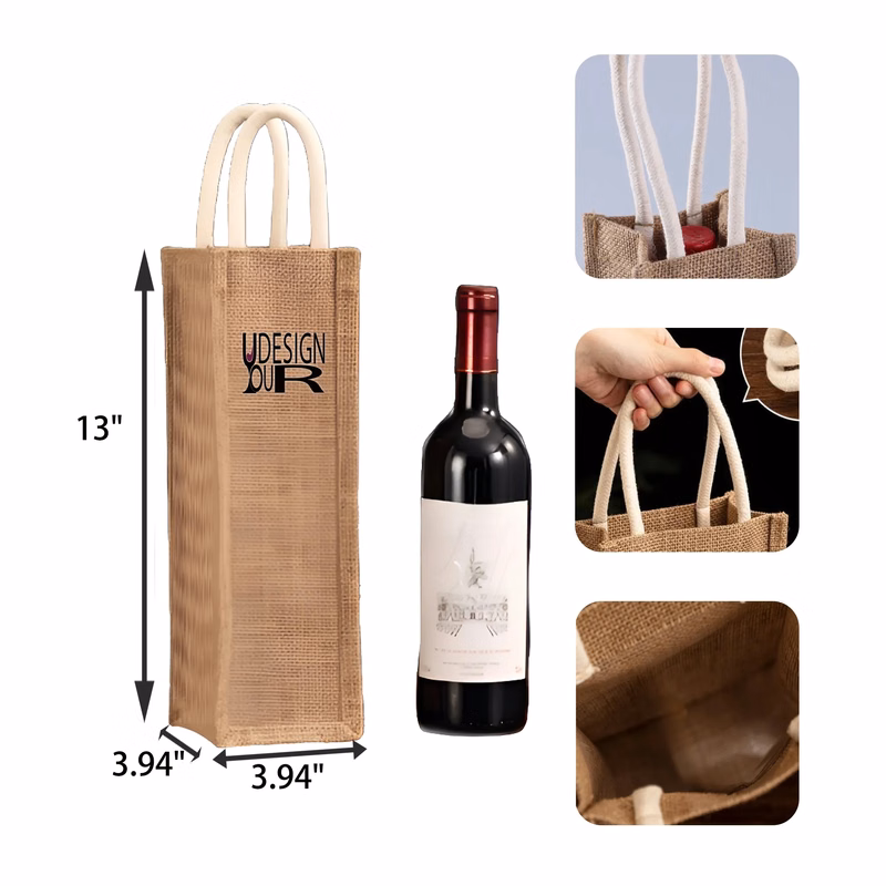 MOQ 50 PCS Jute Single Bottle Wine Tote Bag