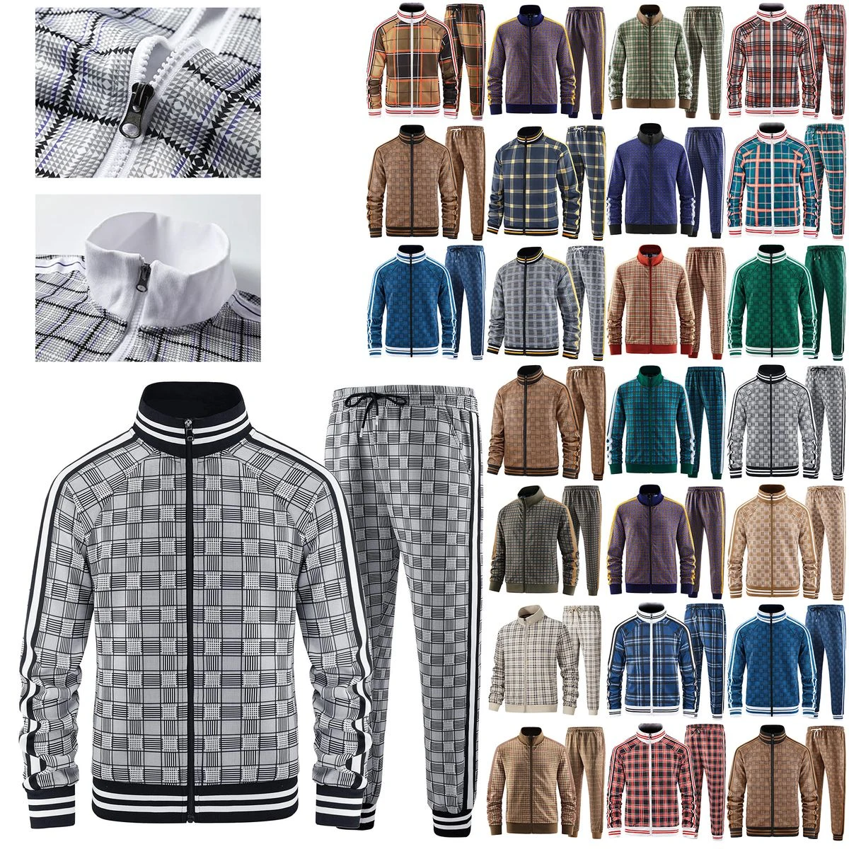 Mens Plaid Track Suits Anti Pilling Sports Wear Jacket Pants Custom 1