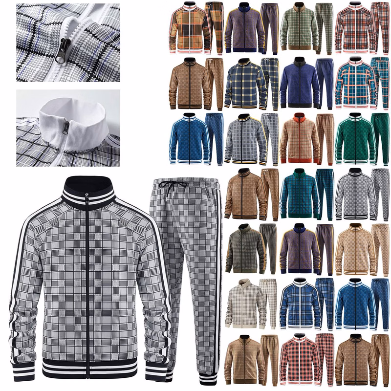 Mens Plaid Track Suits Anti Pilling Sports Wear Jacket Pants Custom