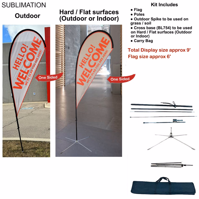 9' Small Tear Drop Flag Kit, Full Color Graphics One Side, Outdoor Use Spike base, Indoor Cross Base