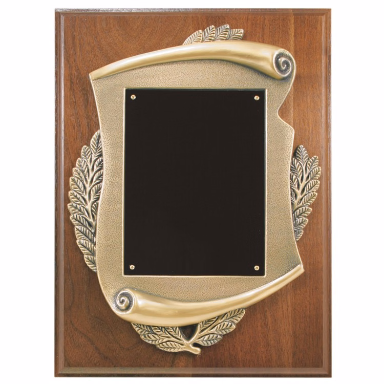 9" x 12" Walnut Step-Edge Plaque with Metal Scroll Frame.