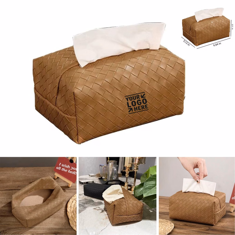 Rectangle Cube Faux Pu Leather Woven Facial Tissue Box Covers Holder Tray Organizer