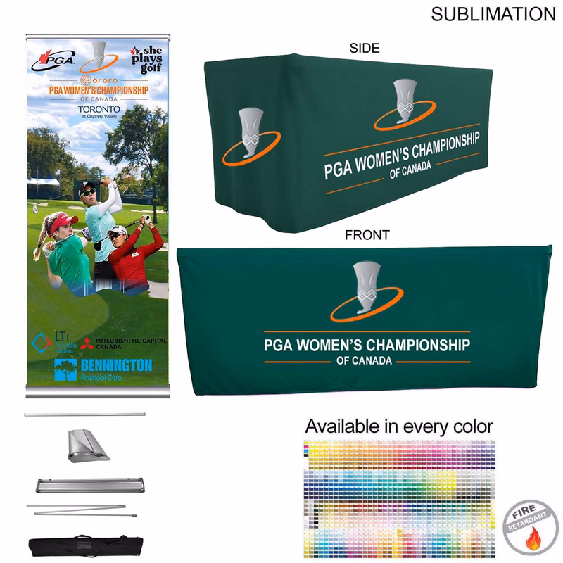Outdoor Event Package 2, Deluxe pull up banner (DP652-5) + Premium 6' box fit tablecloth (SU808)