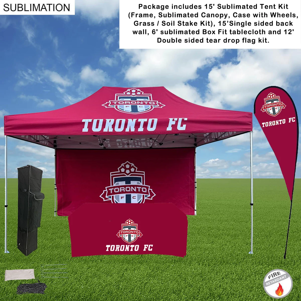 Deluxe Tent Flag Package, 15' Tent kit, 15' Backwall, Box Fit Tablecloth, and Double sided Flag Kit 1