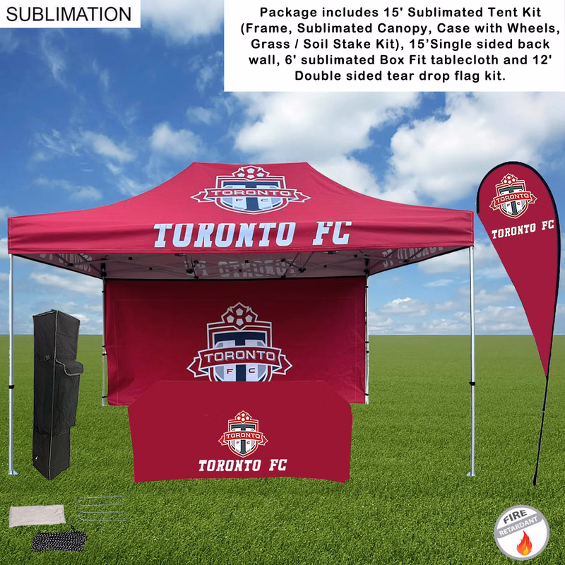 Deluxe Tent Flag Package, 15' Tent kit, 15' Backwall, Box Fit Tablecloth, and Double sided Flag Kit