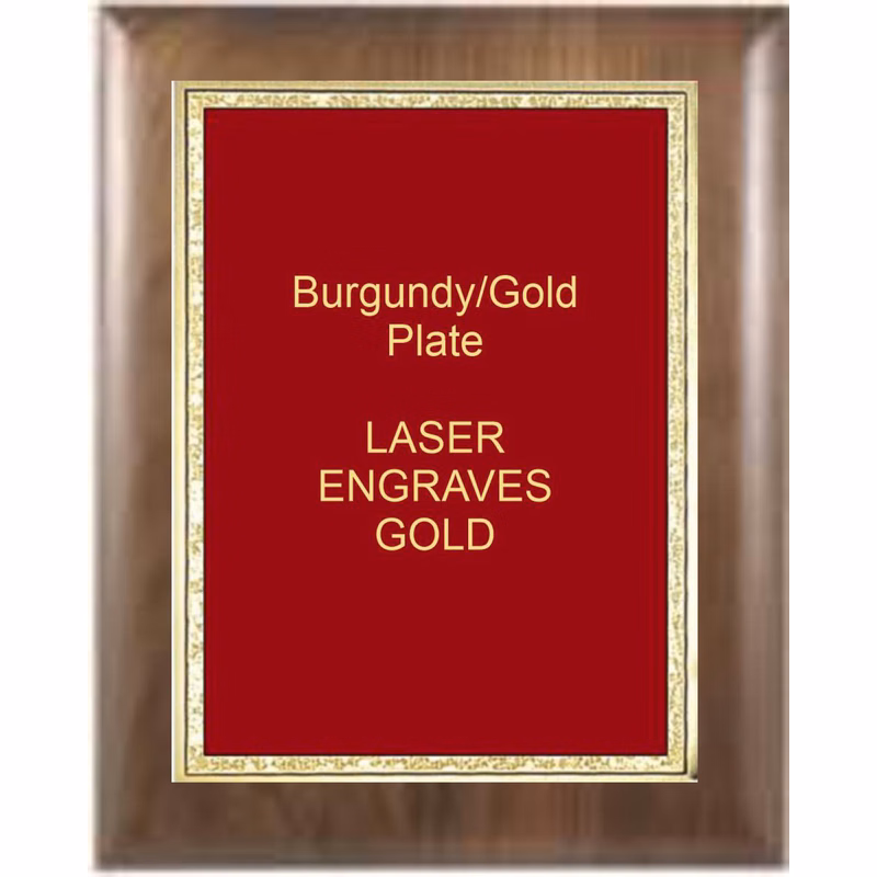 8" x 10" Genuine Walnut Elliptical Edge Square Corner Plaque with a Burgundy Florentine Plate.