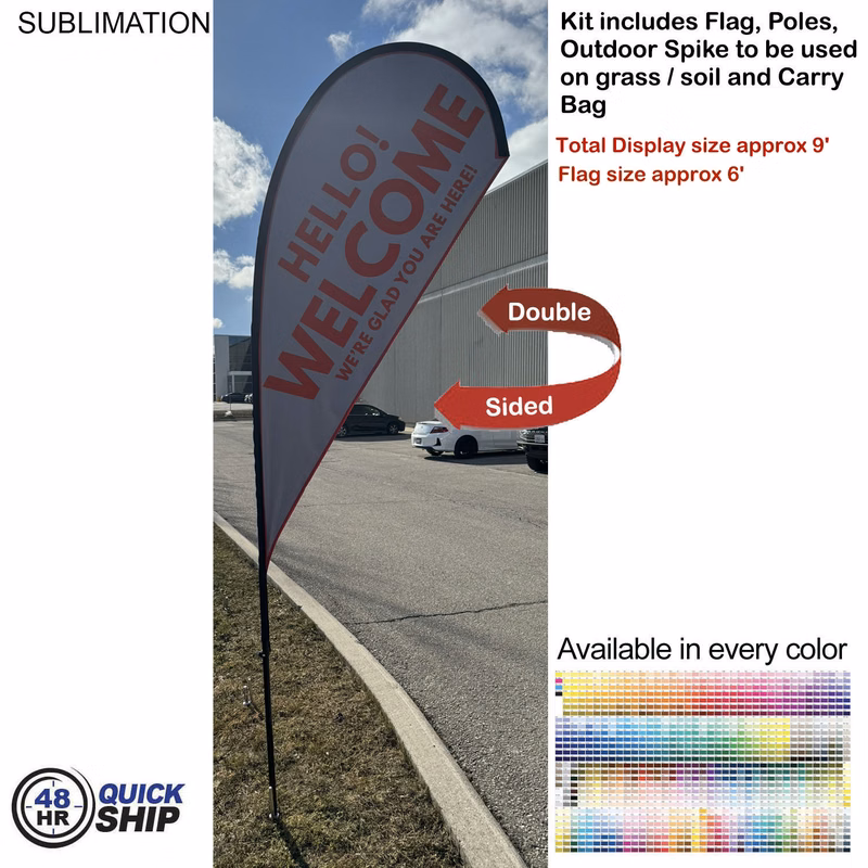 48 Hr Quick Ship - 9' Small Tear Drop Flag Kit, Full Color Graphics Double Sided, Spike and Bag