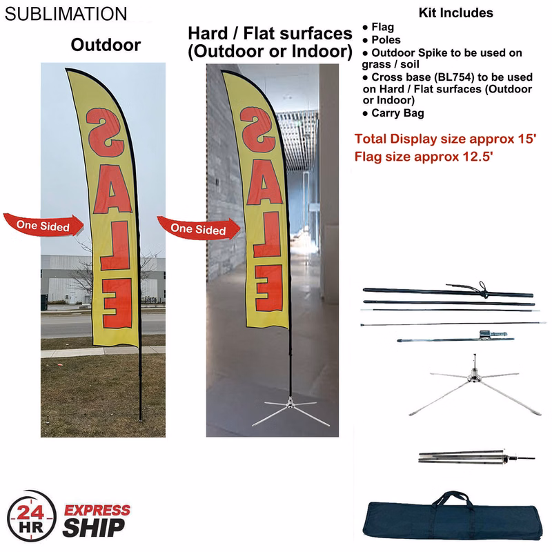 24Hr Express Ship - 15' Large Feather Flag Kit, Full Color Graphics One Side, Outdoor and Indoor use