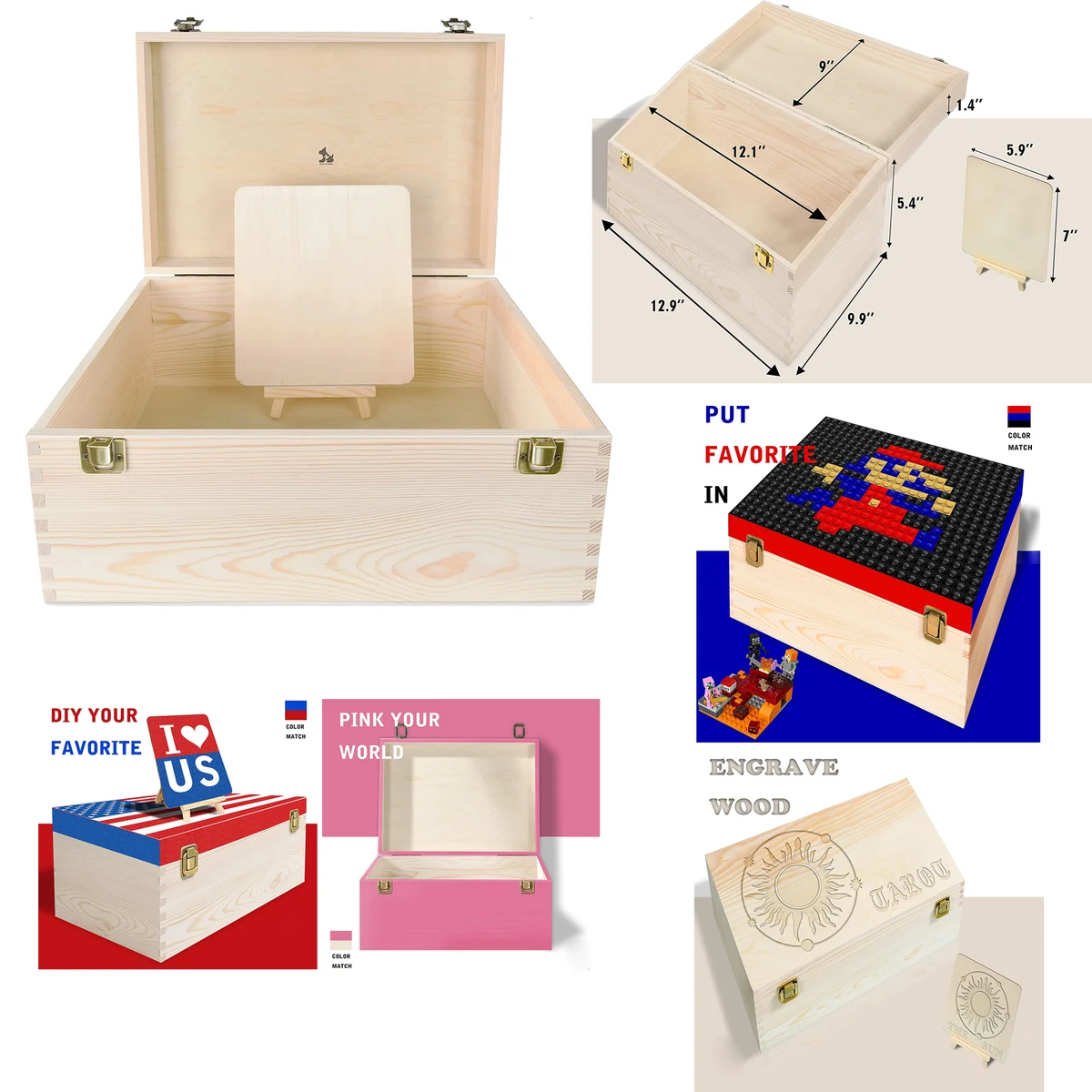 2.9x 9.9 x 6.8 Inches Unfinished Wood Box with Hinged Lid 1