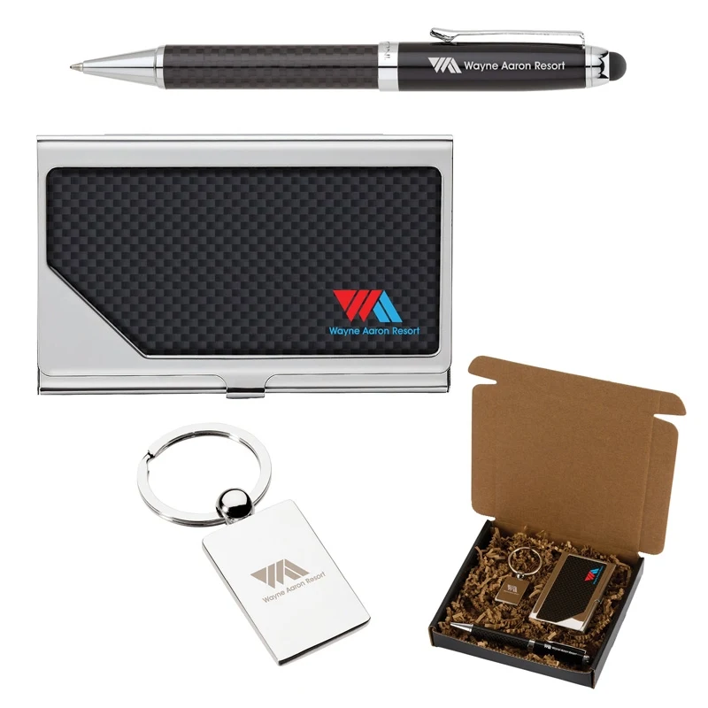 Carbon Fiber Pen, Business Card Case and Chrome Keyring Set 1