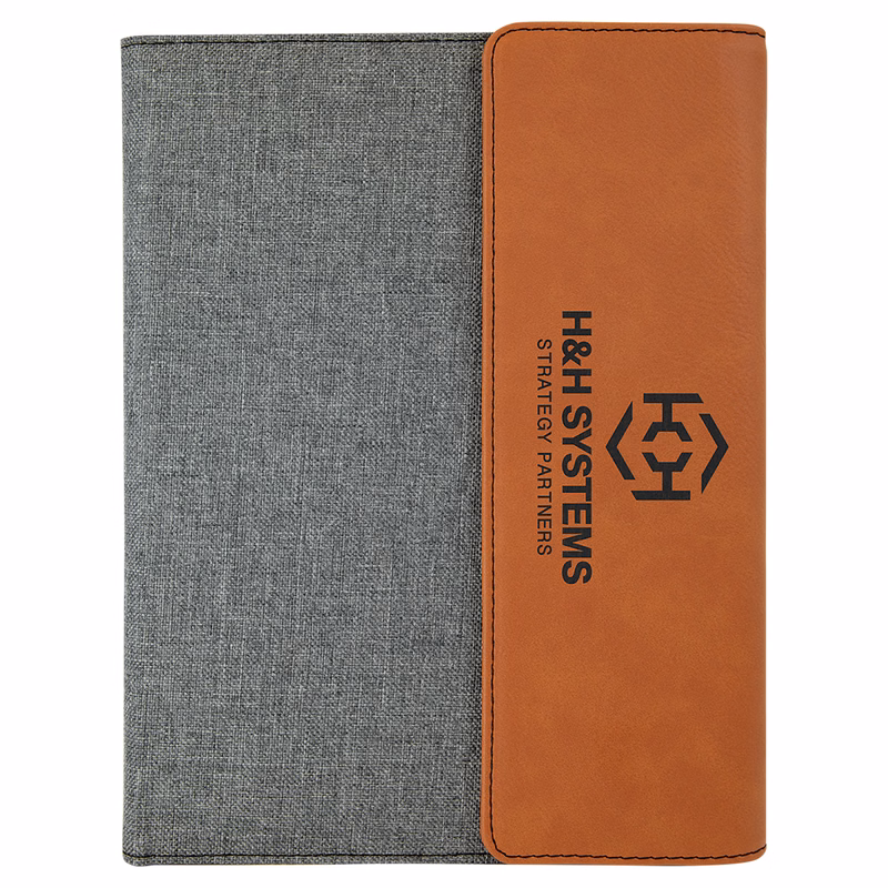 7" x 9" Rawhide Leatherette / Gray Canvas Portfolio with Notepad