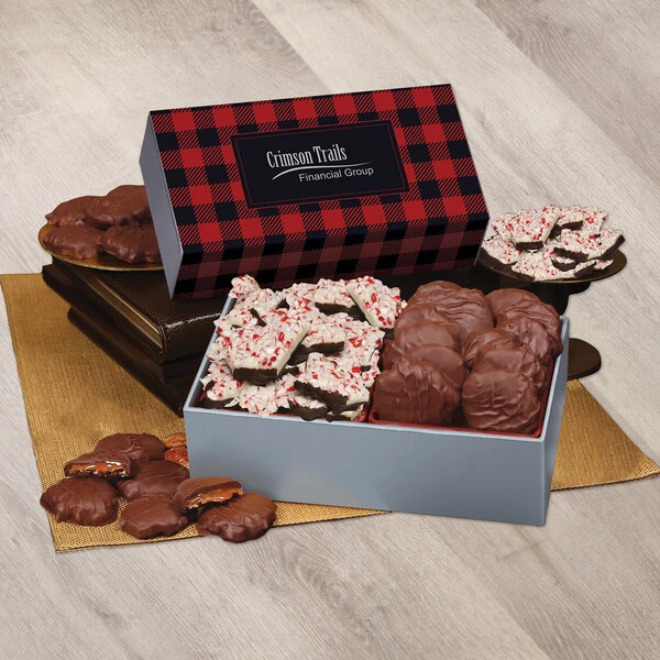 Peppermint Bark & Pecan Clusters in Gift Box with Red & Black Plaid Sleeve 1