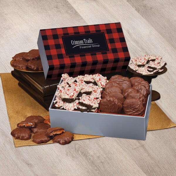 Peppermint Bark & Pecan Clusters in Gift Box with Red & Black Plaid Sleeve