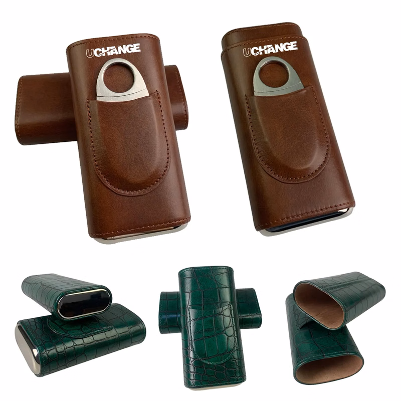 Travel PU Leather Cigar Case With Cutter Pocket