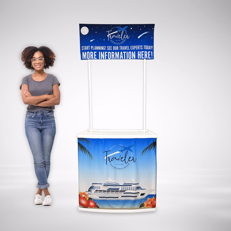 Portable Counter / Trade Show Display Table w. Custom Graphic Wrap / Overhead Sign (Dye Sublimation)