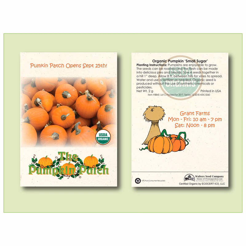 Organic Pumpkin Sugar Pie Seed Packet -Standard Size 3.25" x 4.5"