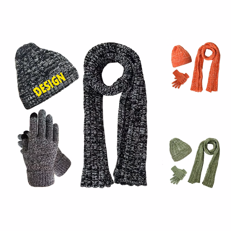 Winter Knit Hat Beanie Long Scarf Touchscreen Gloves Set