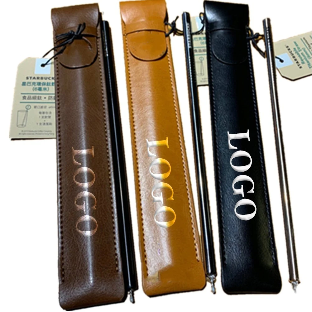 Leather Protective Case Stainless Steel Straw Holder 1