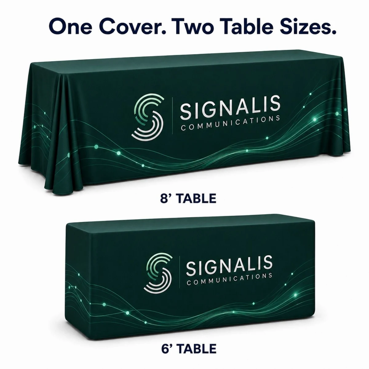 24Hr Express Ship - Sublimated PREMIUM Convertible Table Cloth, Converts from 8' to 6', Drape style 1