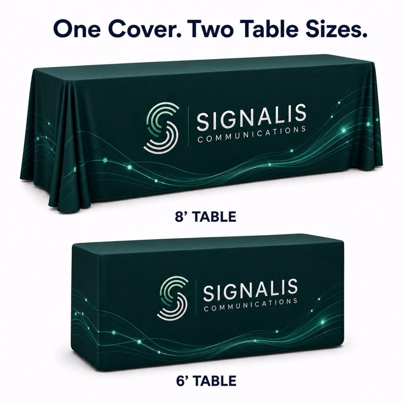 72Hr Fast Ship - Sublimated PREMIUM Convertible Table Cloth, Converts from 8' to 6', Drape style