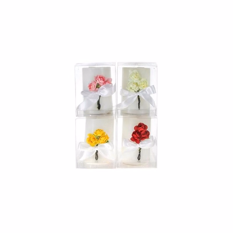 White Pillar Candle with Roses & Ribbon - Assorted Light Scent