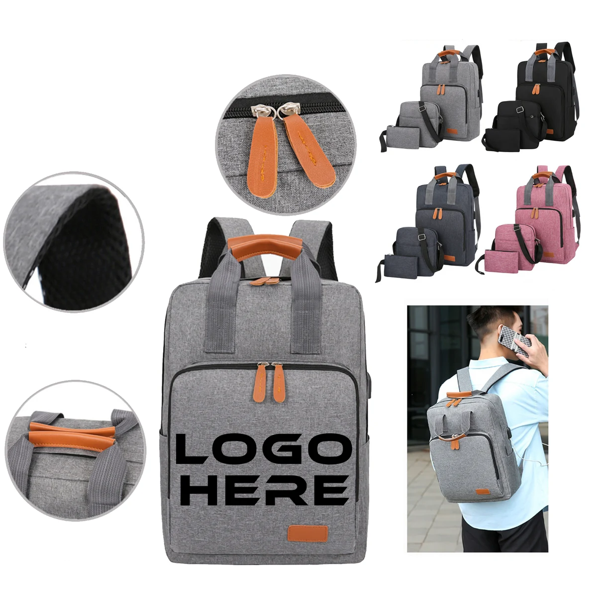 3 Pieces Computer Backpack Set USB Charging Business Gifts 1