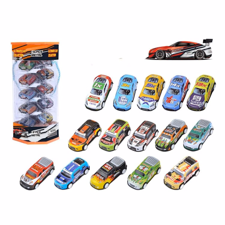 Diecast Racing Cars Tube Set Assorted - 15 Piece