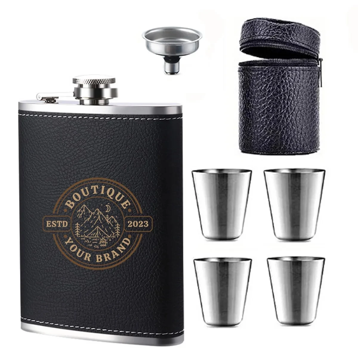 8 oz Black Leather Hip Flask Set Stainless Steel Bottle, custom water bottle with logo imprint 1