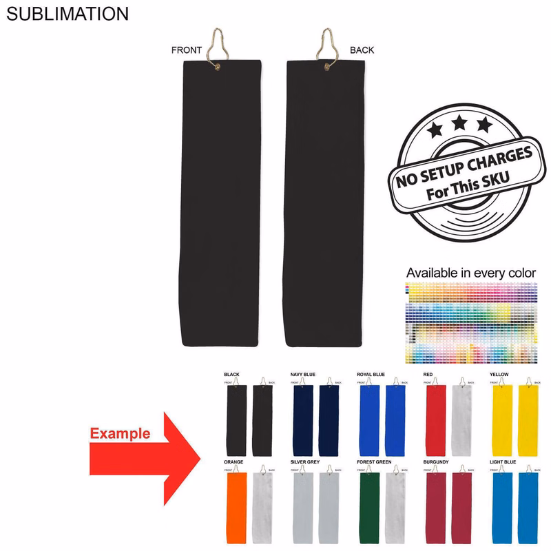 Colored Velour Terry Cotton Blend Golf Towel, Finished size 5x18, Trifold Grommet and Hook
