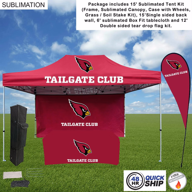48Hr Quick Ship - Game Day Tailgate Package, 15' Tent, 15' Backwall,Tablecloth, double sided Flag