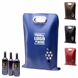 3 Bottle PU Leather Wine Bag With Grape Window And Metal Handle
