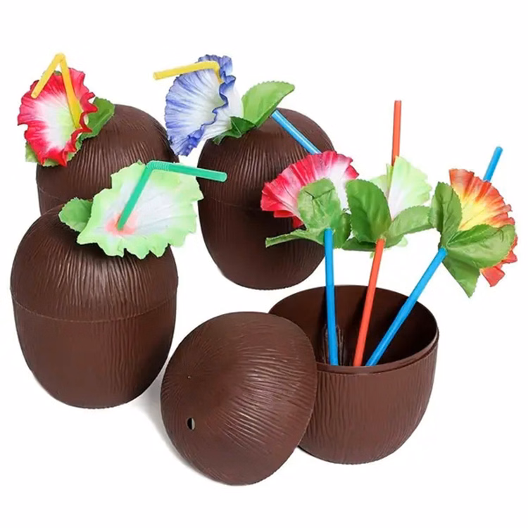 Hawaiian Themed Coconut Cups with Flower Straws & Twist Close Lids
