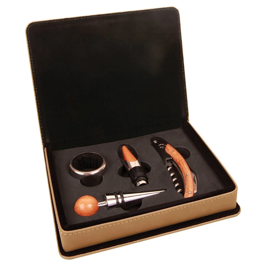 Light Brown Laserable Leatherette 4-Piece Wine Tool Set 1