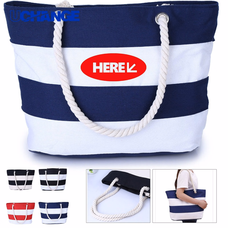Canvas Striped Shopper Tote Bag