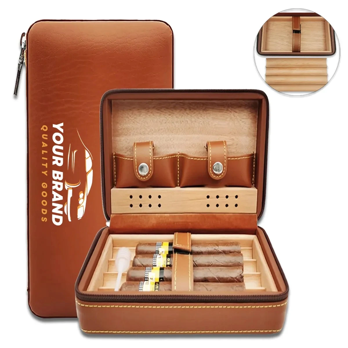 Portable Leather Cedar Wood Lined Removable Cigar Humidor 1