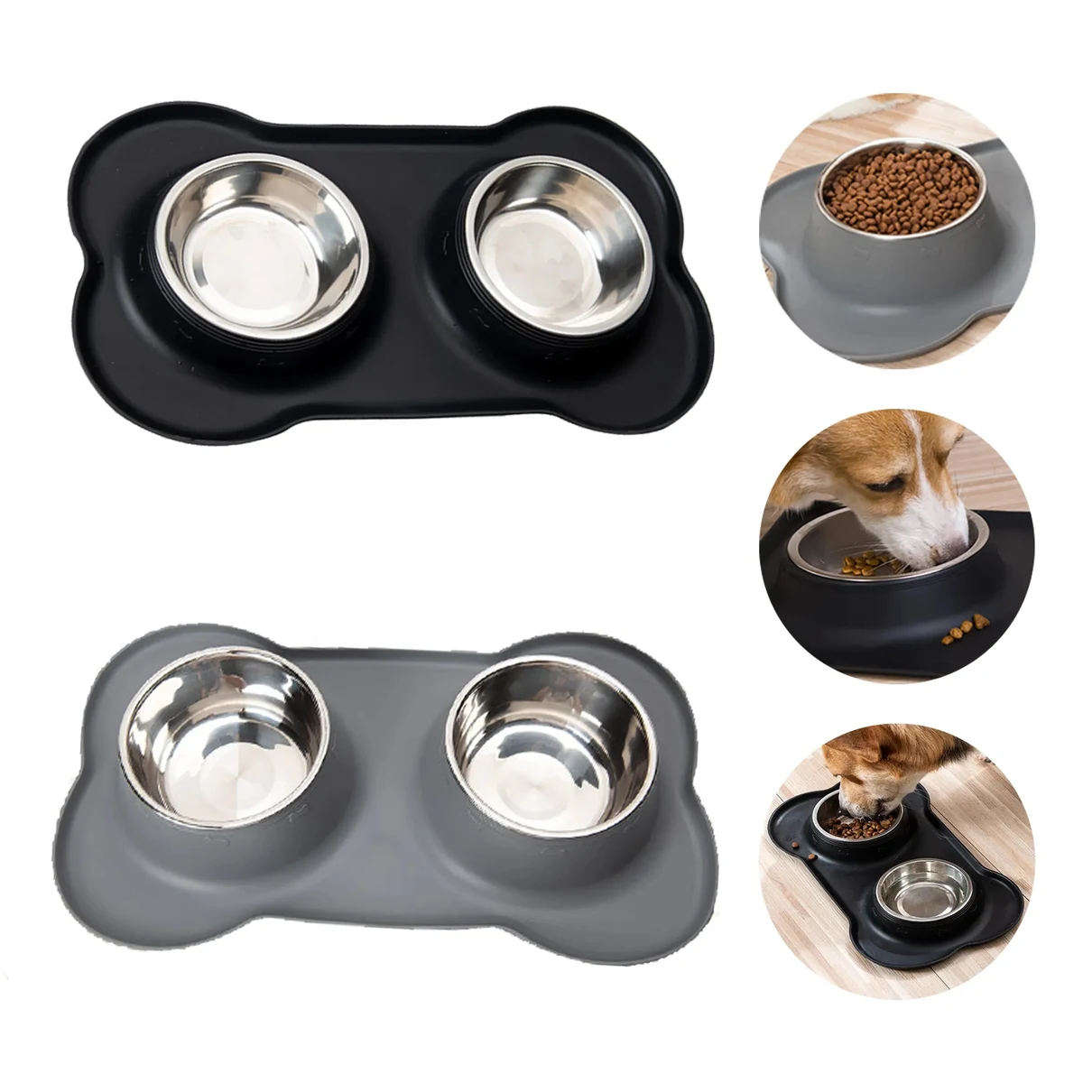 2PCS Stainless Steel Pet Bowls + Silicone Plates 1
