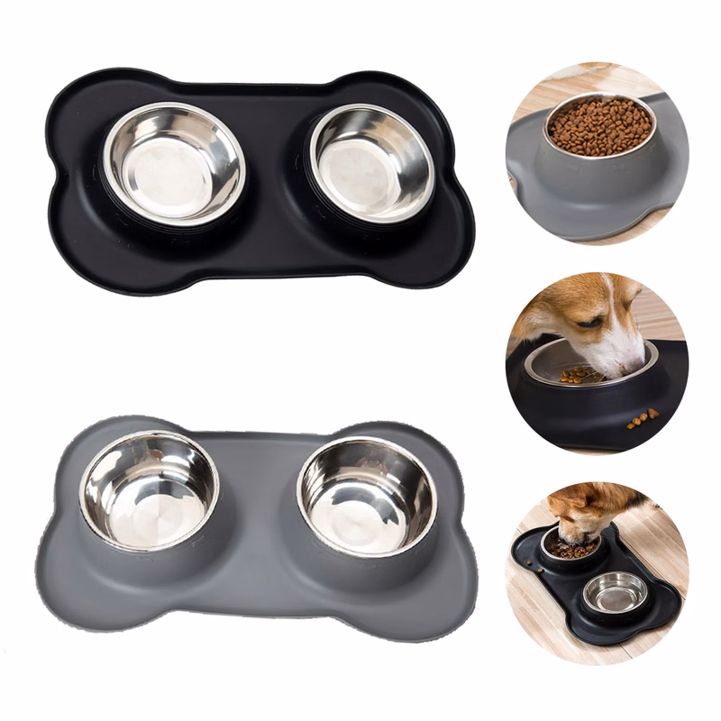 2PCS Stainless Steel Pet Bowls + Silicone Plates