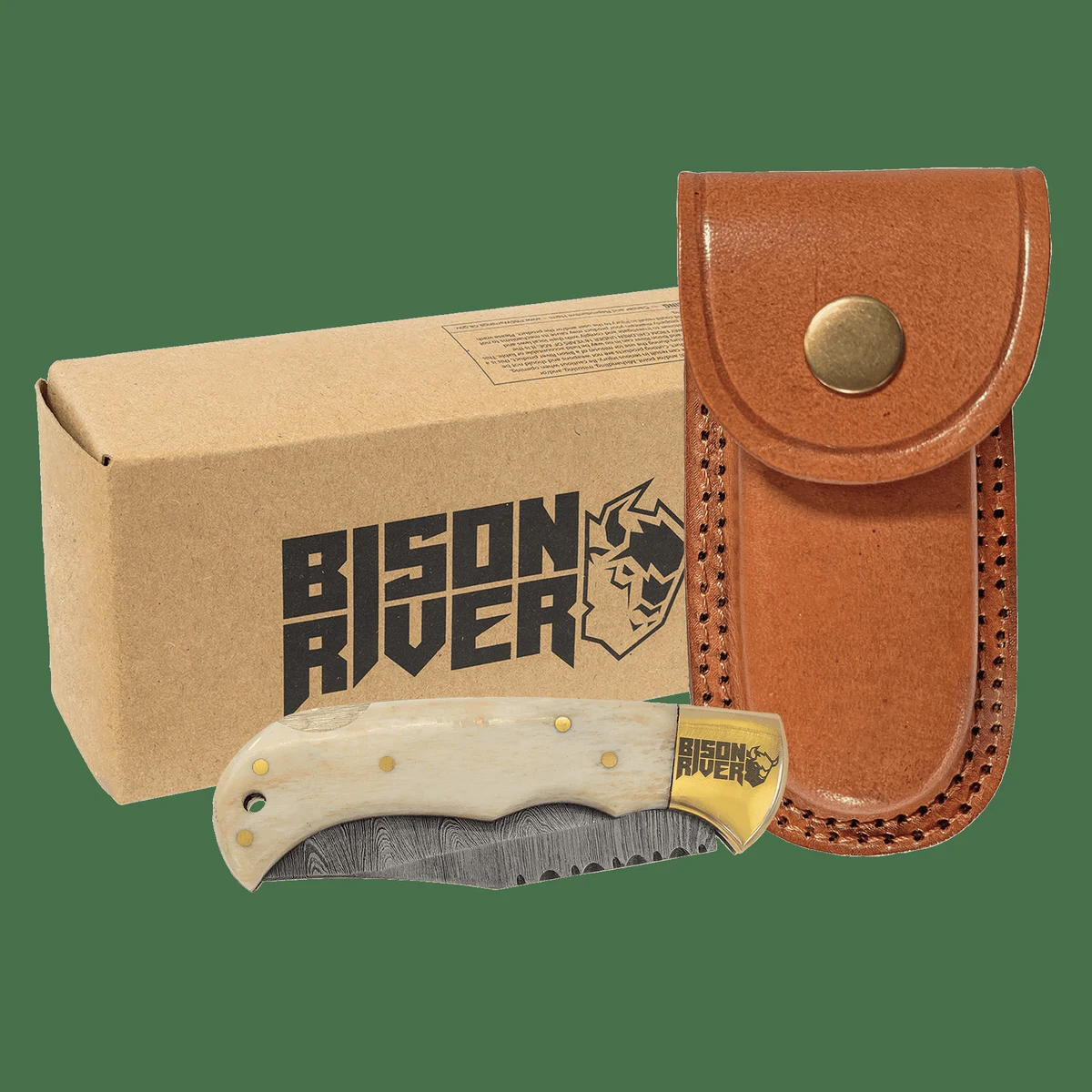 Bison River 3 3/4" Bone Folding Knife with Damascus Steel Blade and Leather Sheath 1