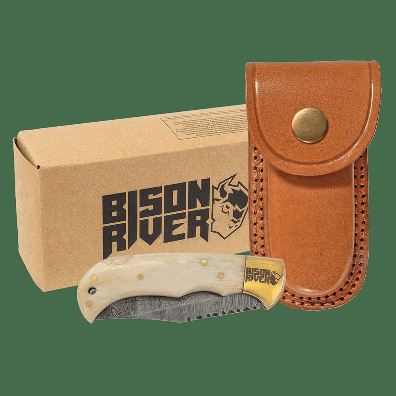Bison River 3 3/4" Bone Folding Knife with Damascus Steel Blade and Leather Sheath